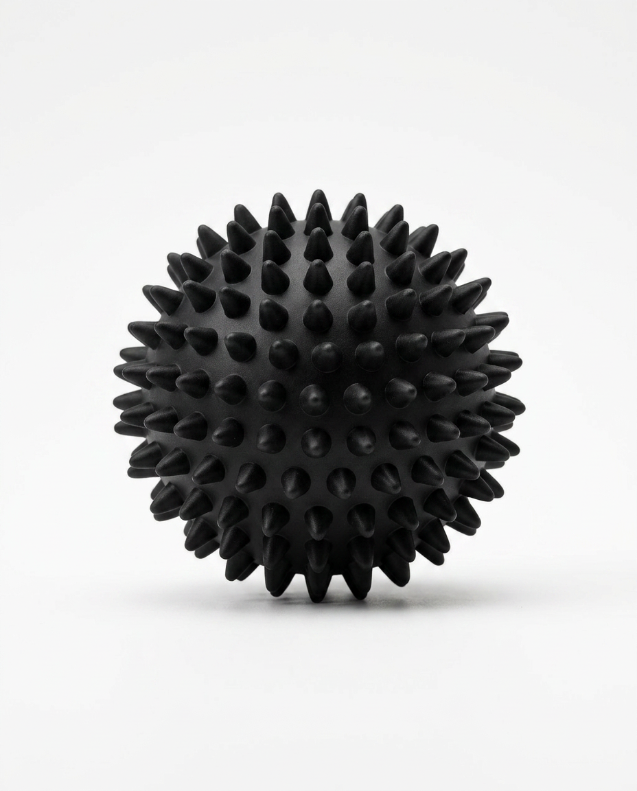 Black spiky recovery massage ball, studio packshot on white