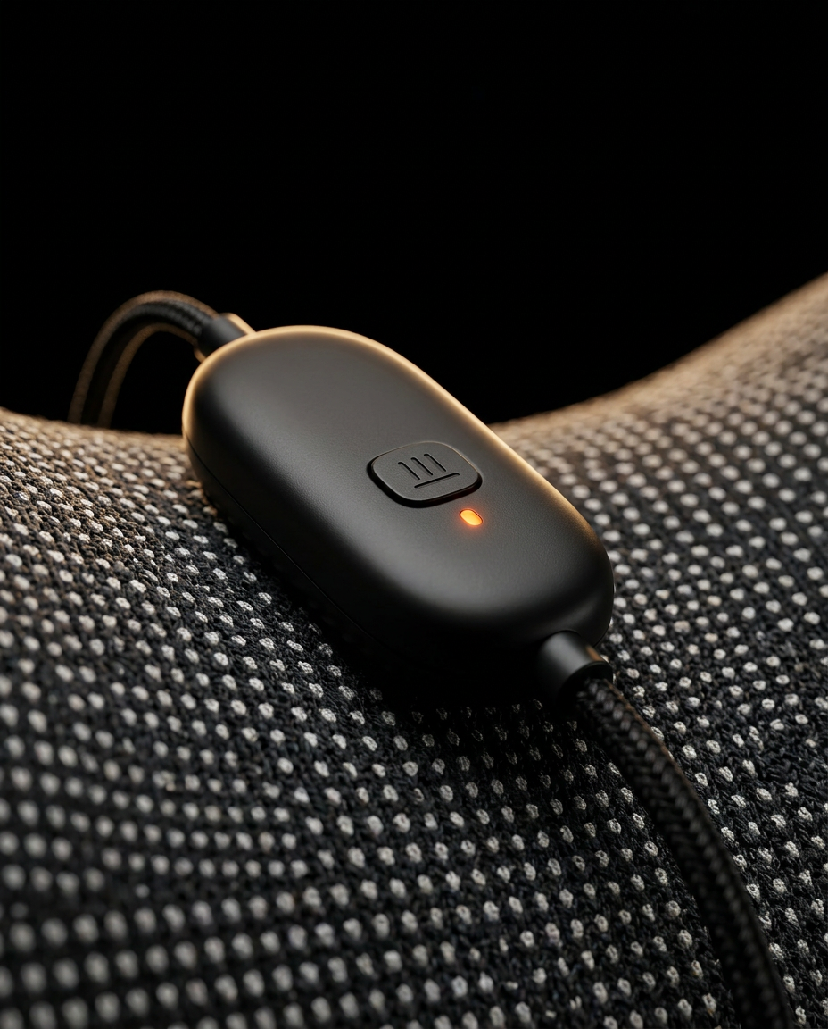 Macro of the USB-C inline heat controller resting on the neck pillow fabric