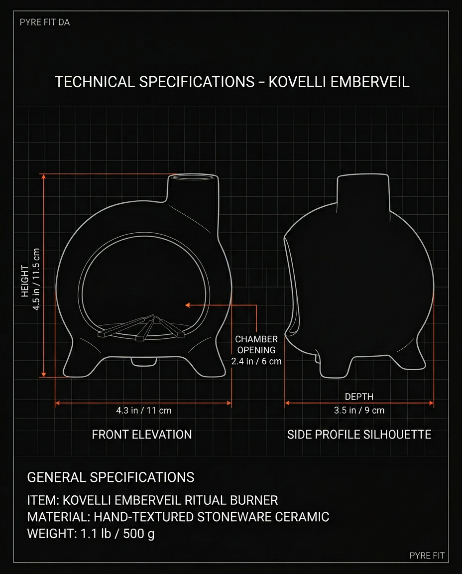 Front and side elevation diagram with dimensions of the ritual burner