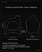 Front and side elevation diagram with dimensions of the ritual burner