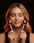Woman using both cooling face rollers at once on each cheek