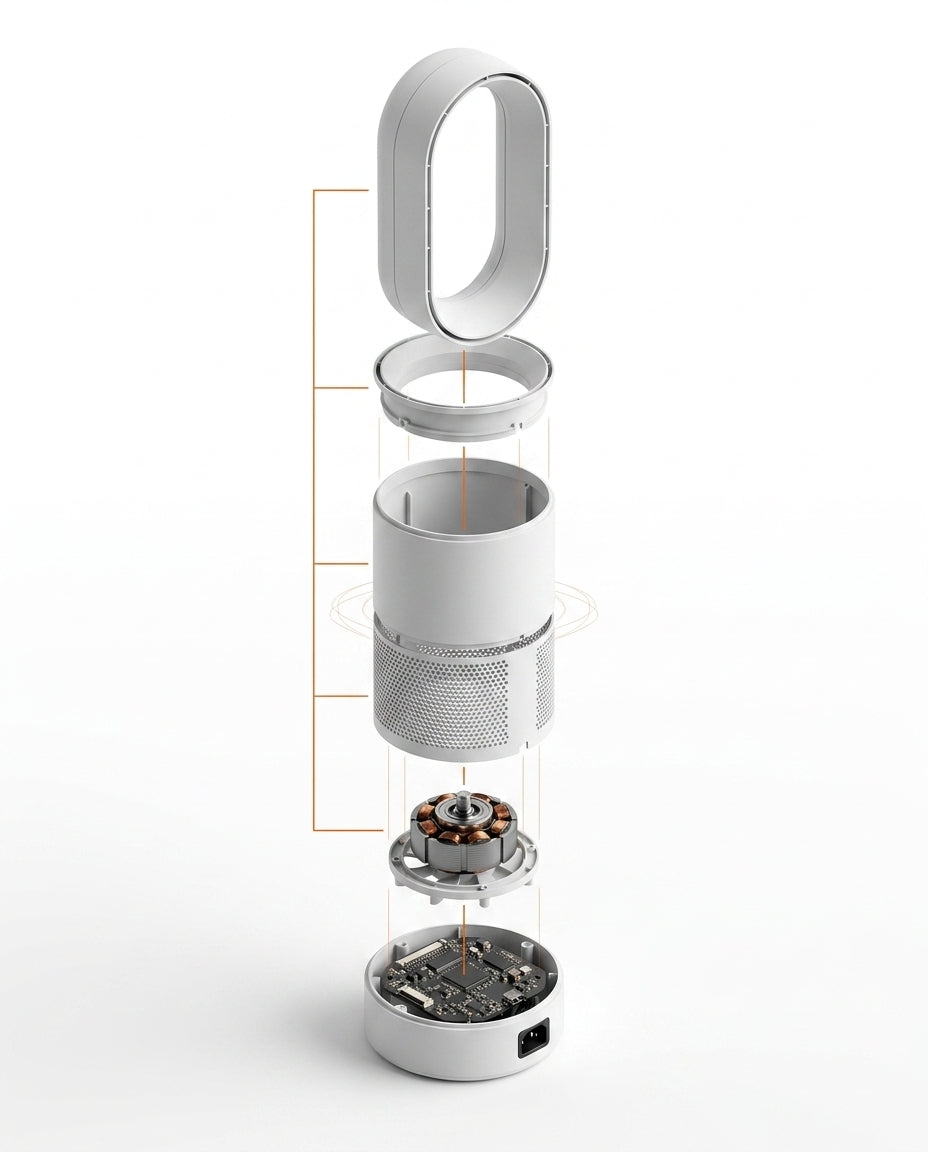 Exploded engineering view of the bladeless fan's loop, motor and base parts