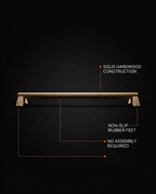 Feature callouts for the hardwood balance bar's rubber feet and no-assembly design
