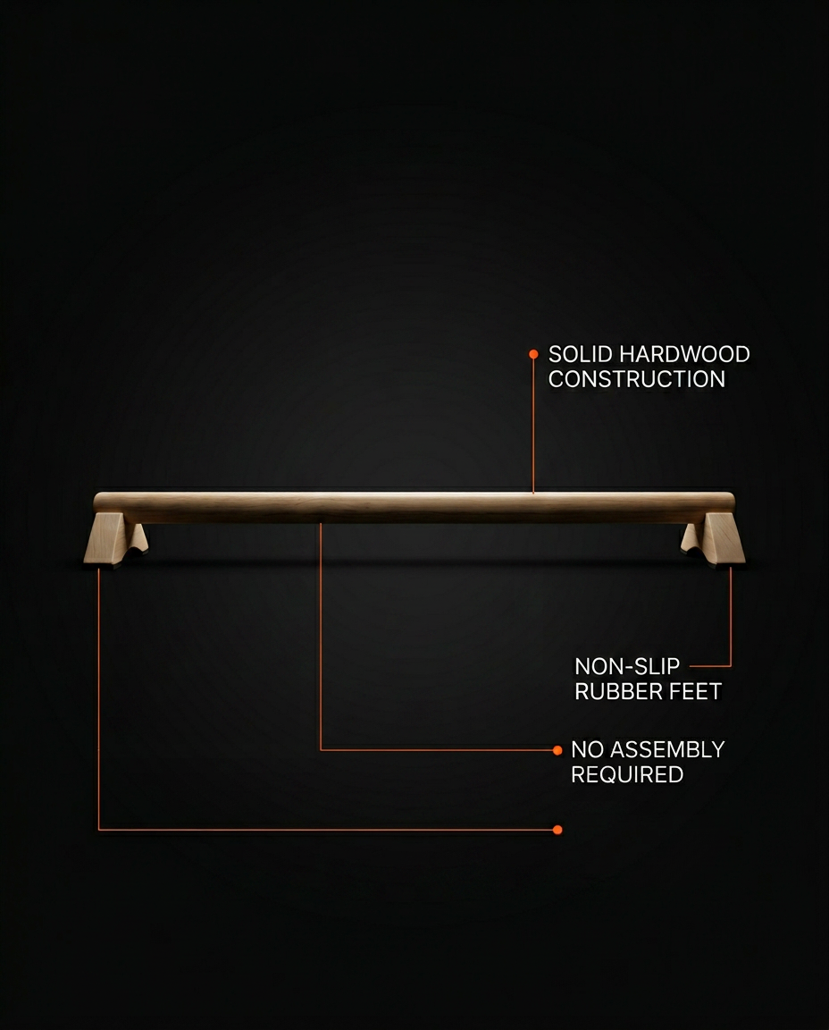Feature callouts for the hardwood balance bar's rubber feet and no-assembly design