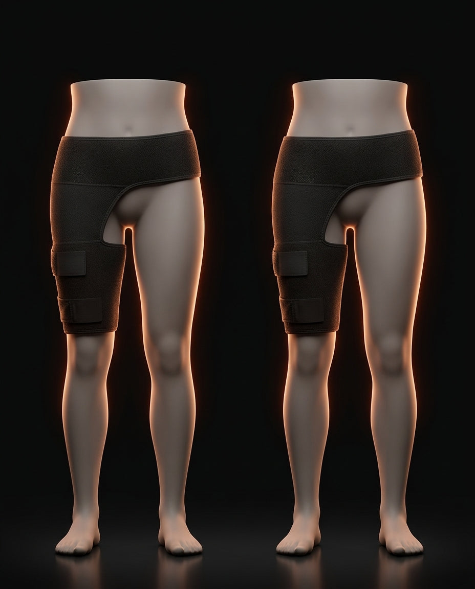 Diagram showing the hip wrap fitted on the left and right thigh
