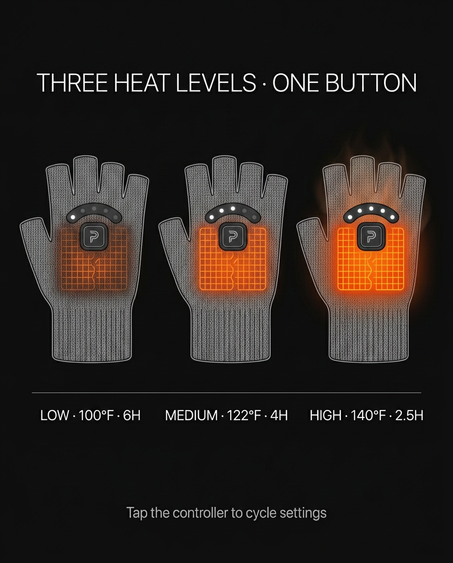 Diagram of three heat levels for the gloves: low, medium and high settings