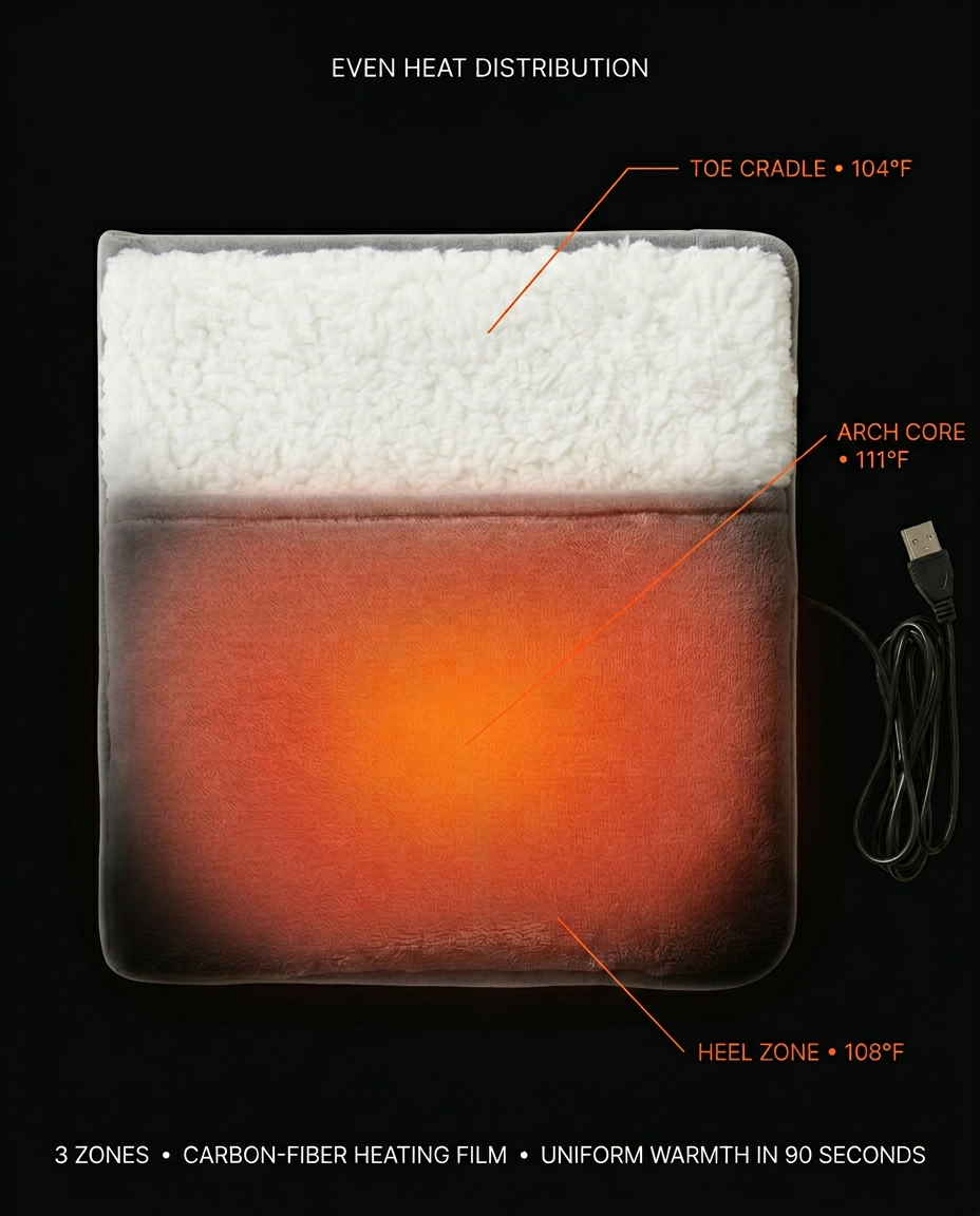 Diagram showing the foot heating pad's toe, arch and heel heat zones