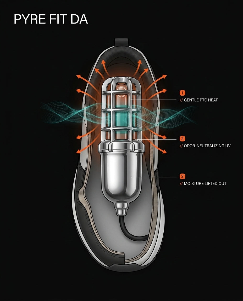 How-it-works diagram of the shoe dryer heating and deodorizing a shoe