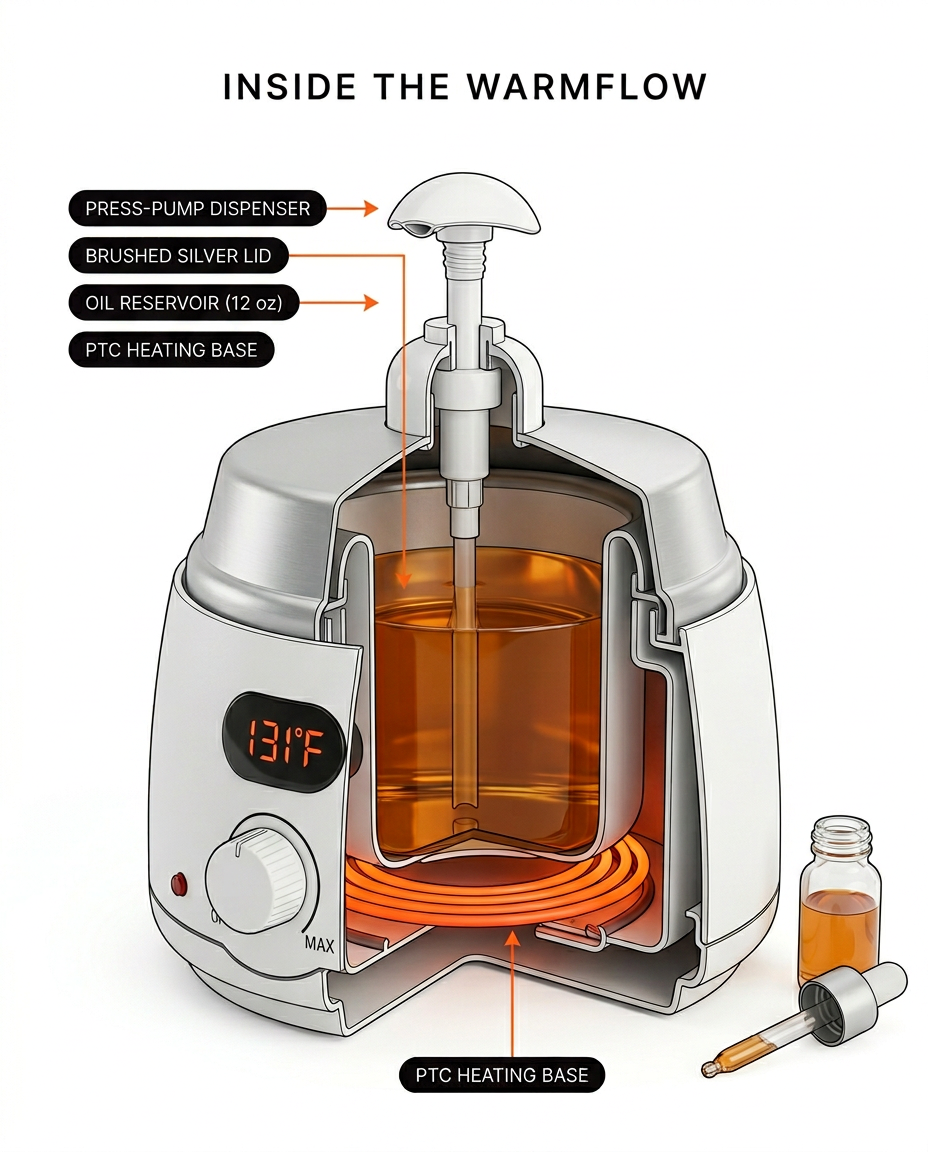Cutaway infographic showing the heating base and oil reservoir inside the warmer