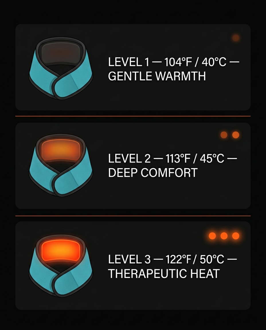 Heat-level guide: 104, 113 and 122 degree settings for the neck wrap