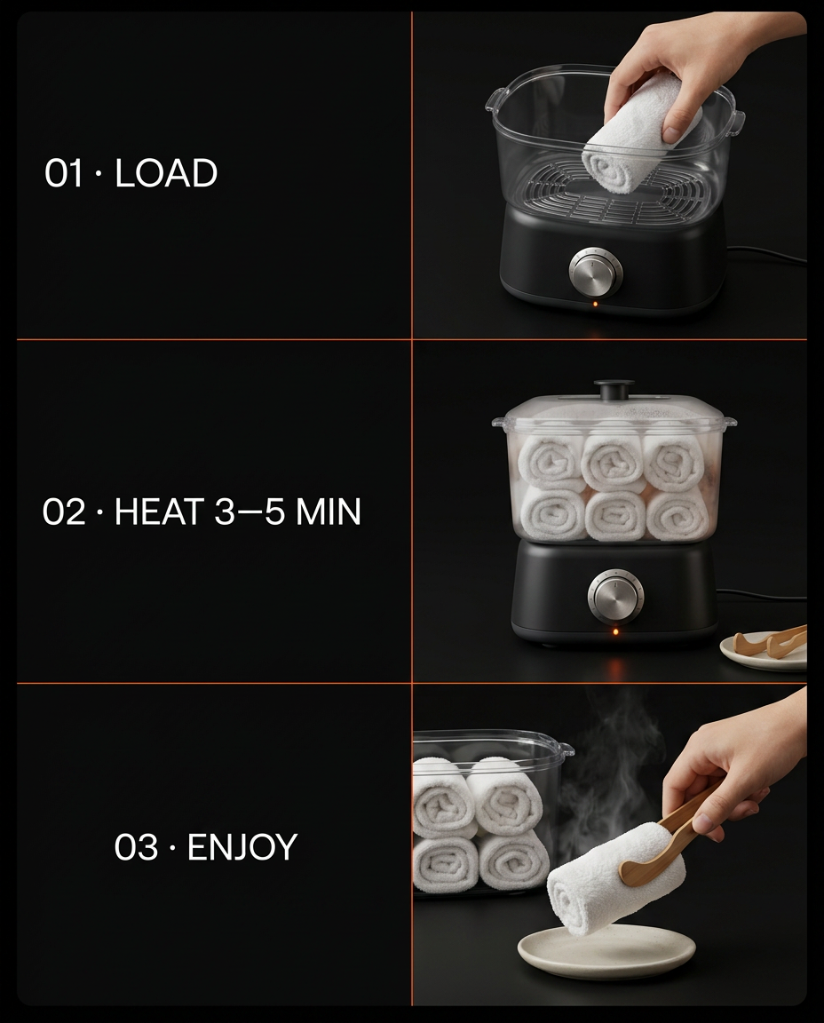 Three-step guide to load, heat and enjoy warm towels from the warmer