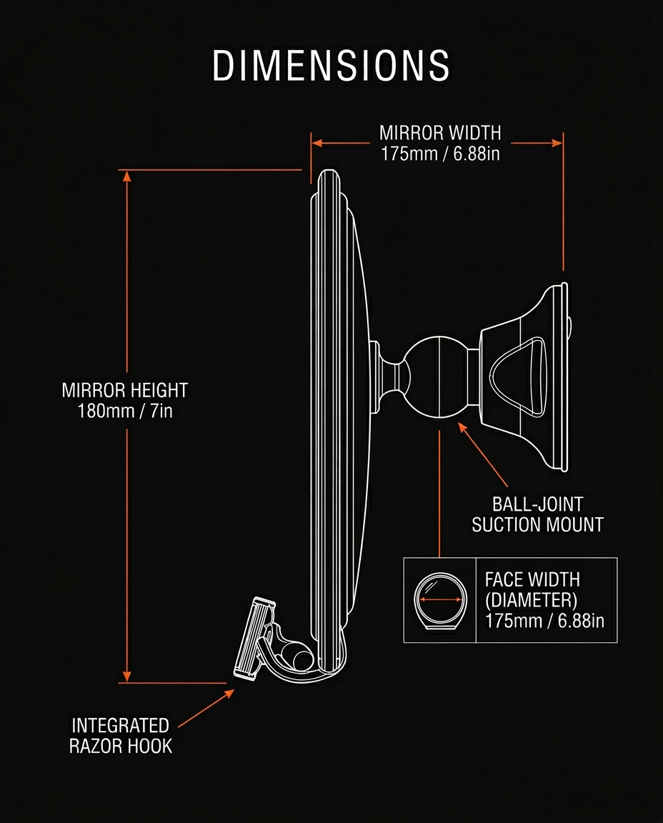 Dimensions infographic with the shower mirror's height, width and face diameter