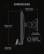 Dimensions infographic with the shower mirror's height, width and face diameter