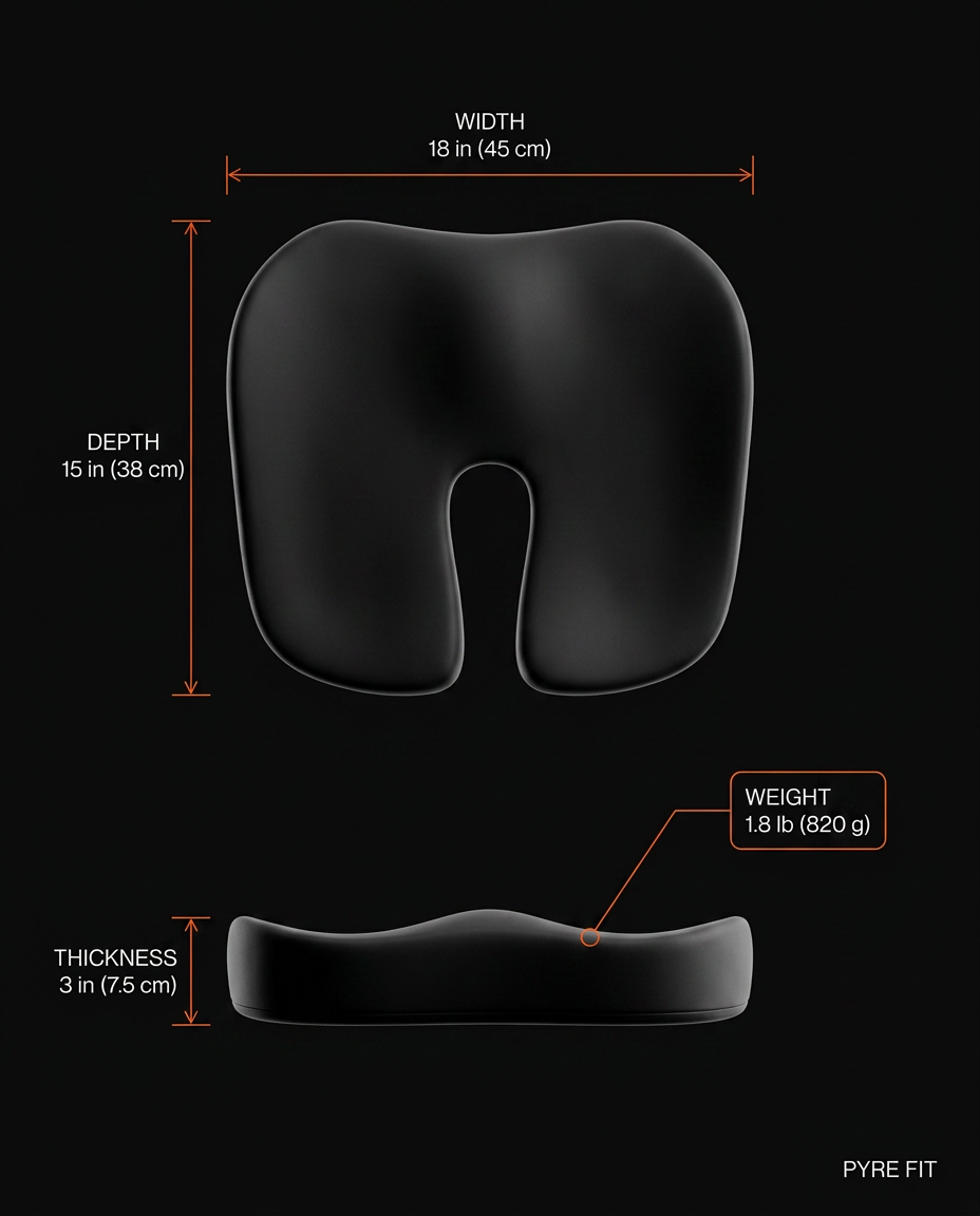 Dimensions diagram of the seat cushion showing width, depth and thickness