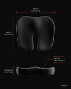 Dimensions diagram of the seat cushion showing width, depth and thickness