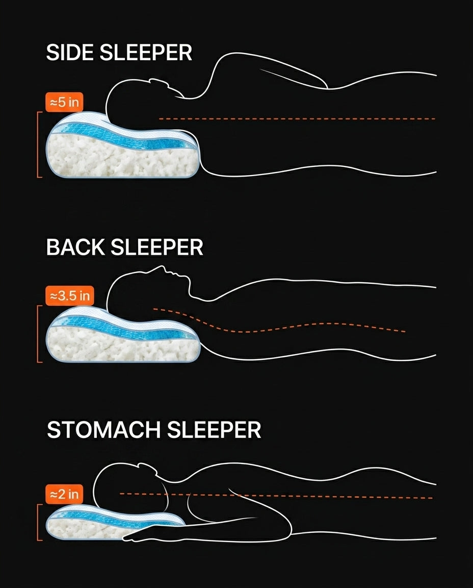 Loft guide showing pillow height for side, back and stomach sleepers
