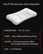 Spec sheet listing dimensions, memory foam core and washable cover for baby pillow