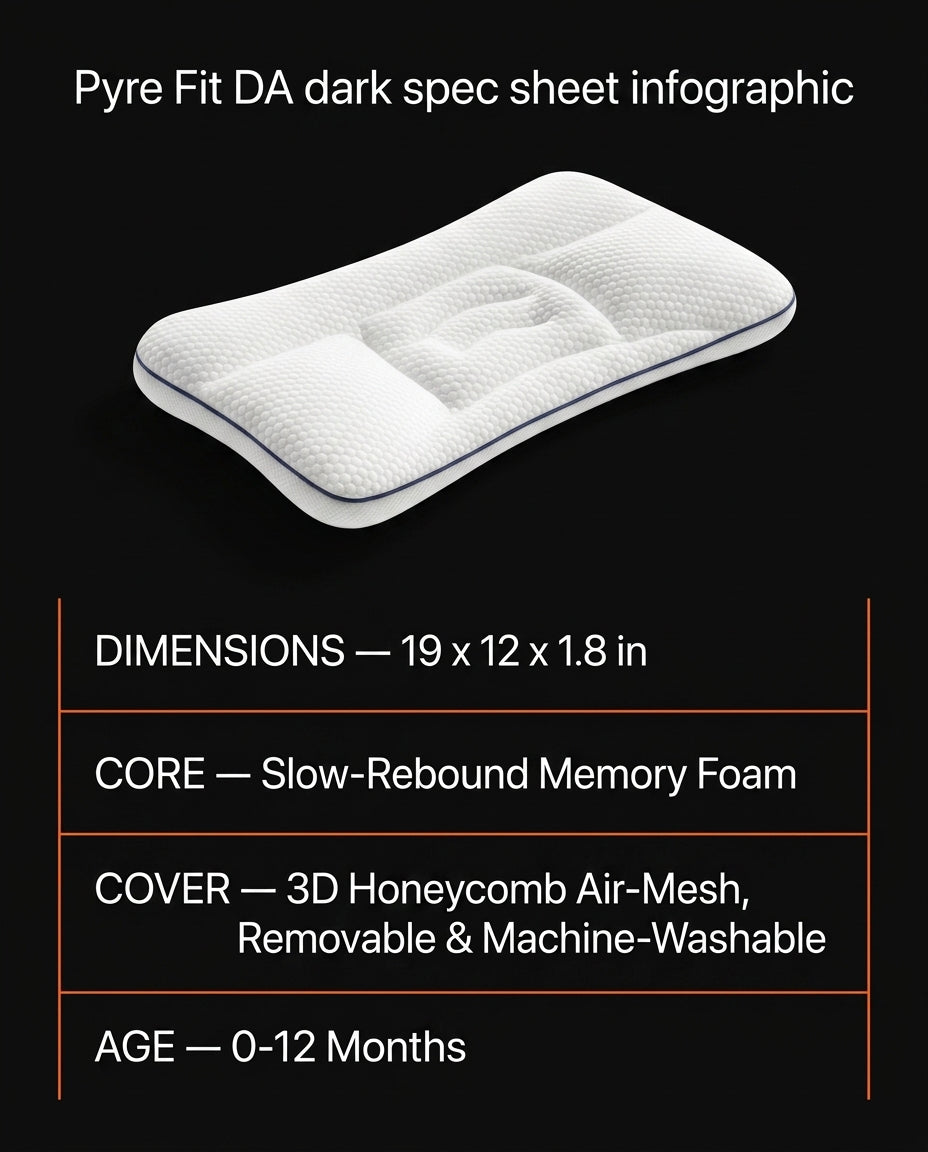 Spec sheet listing dimensions, memory foam core and washable cover for baby pillow