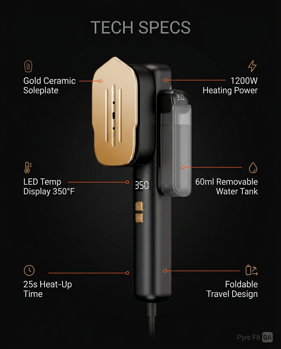 Tech specs sheet listing 1200W power, 60ml tank and 25s heat-up time