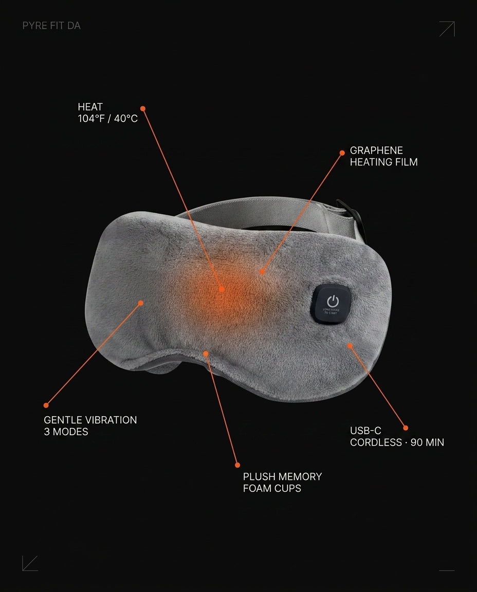 Spec graphic showing the eye mask's heat, graphene film and USB-C runtime
