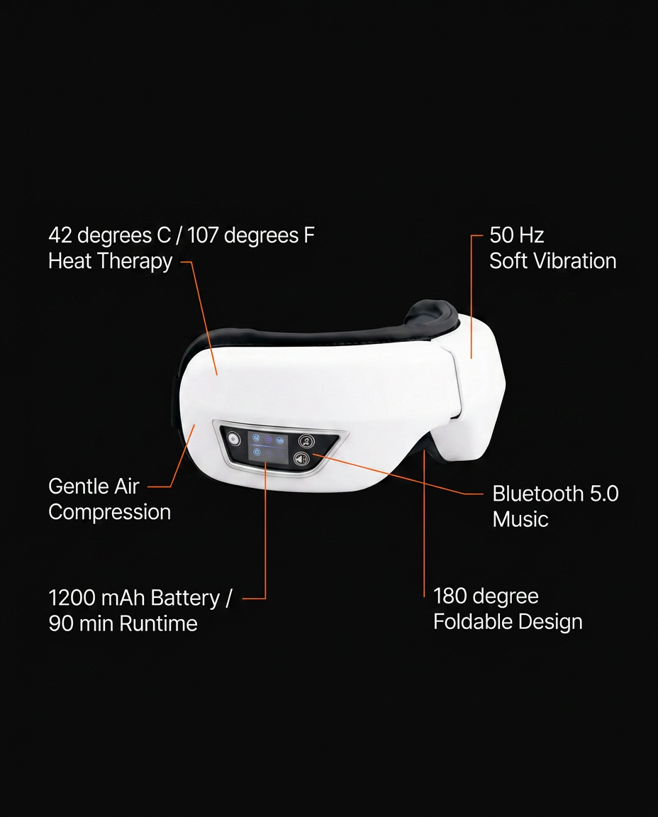 Eye massager spec chart: warmth, vibration, air compression, Bluetooth music