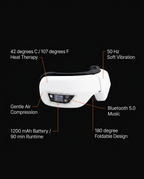 Eye massager spec chart: warmth, vibration, air compression, Bluetooth music