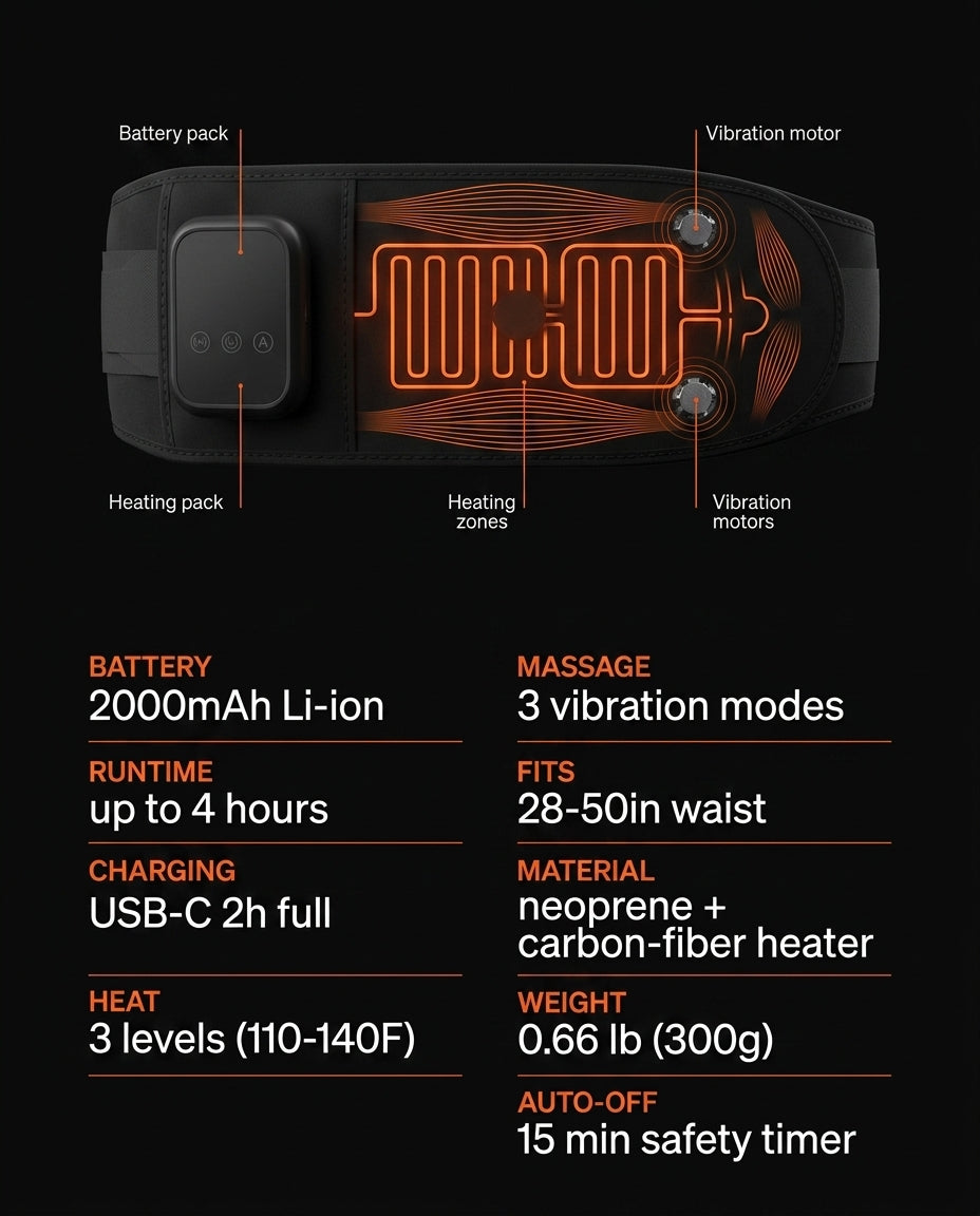 Tech spec sheet detailing the heated massage belt's battery, heat zones and materials