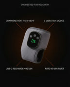 Massager wrap spec chart: graphene heat, 3 vibration modes, USB-C, auto timer