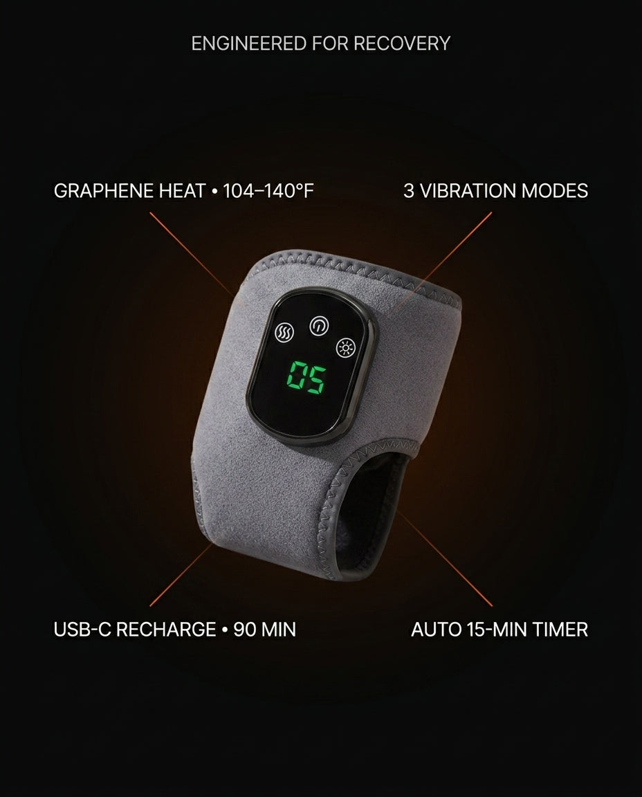 Massager wrap spec chart: graphene heat, 3 vibration modes, USB-C, auto timer