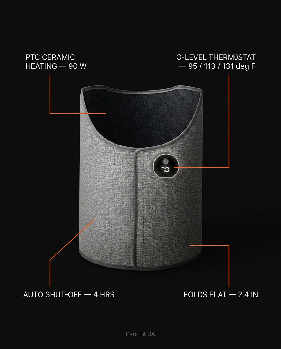 Leg warmer spec chart: 90W PTC heating, 3-level thermostat, auto shut-off, folds flat