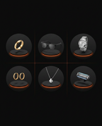 Icon grid of cleanable items: ring, sunglasses, watch, earrings, necklace