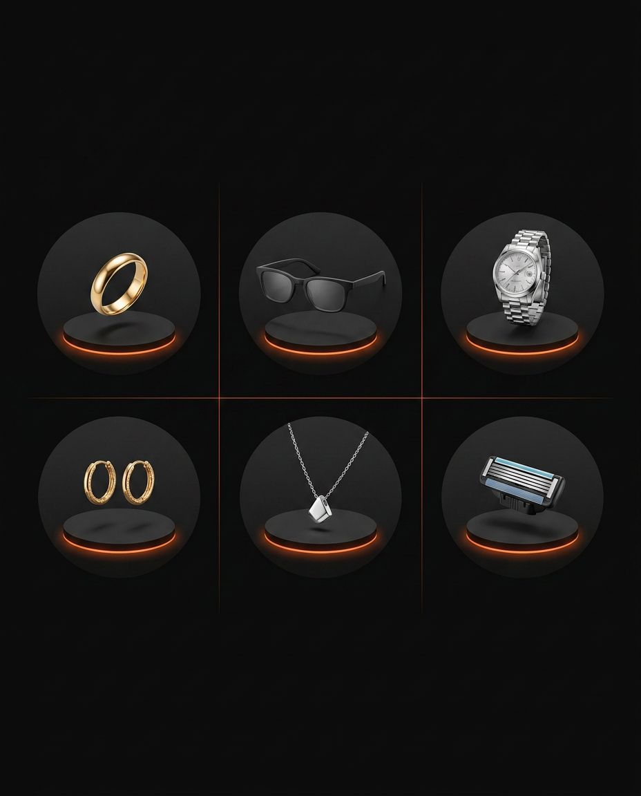 Icon grid of cleanable items: ring, sunglasses, watch, earrings, necklace