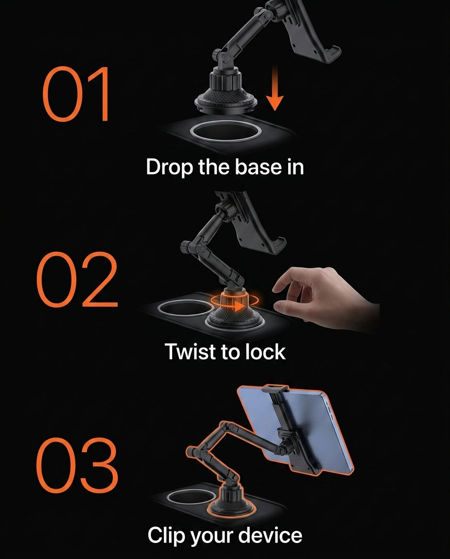 Three-step install guide: drop the base in, twist to lock, clip your device