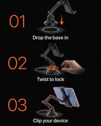 Three-step install guide: drop the base in, twist to lock, clip your device