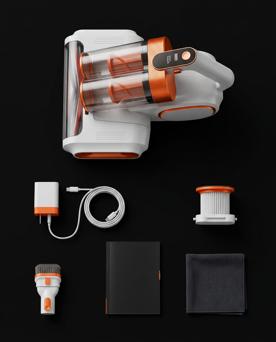 In-the-box layout: vacuum, charger cable, spare filter, brush and cloths