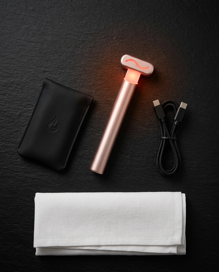 Flatlay of the red light wand with travel pouch, USB-C cable and cloth