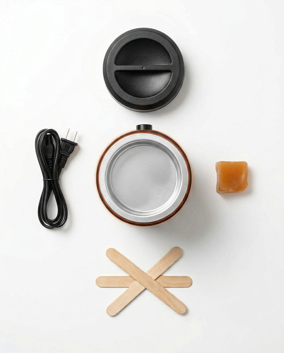 Flat-lay of the wax warmer kit with lid, cord, wax beads and applicator sticks