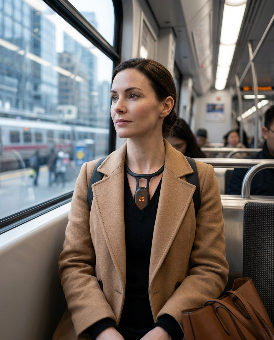 Woman commuting on a train wearing the posture corrector pendant