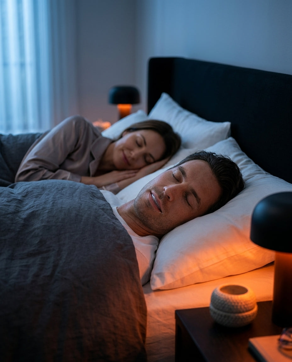 Couple sleeping peacefully in a dim bedroom, snore-free rest