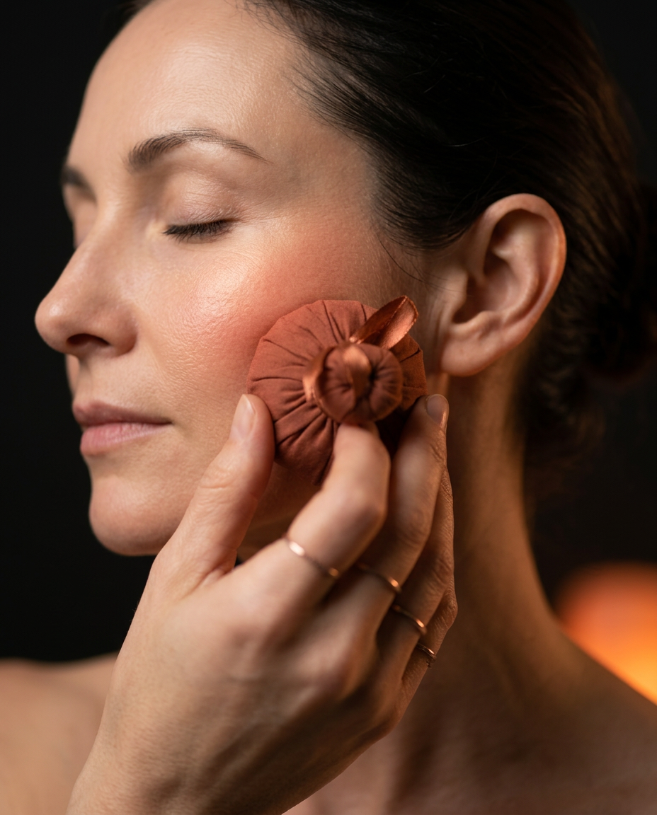 Woman pressing a small herbal massage ball to her cheek, eyes closed