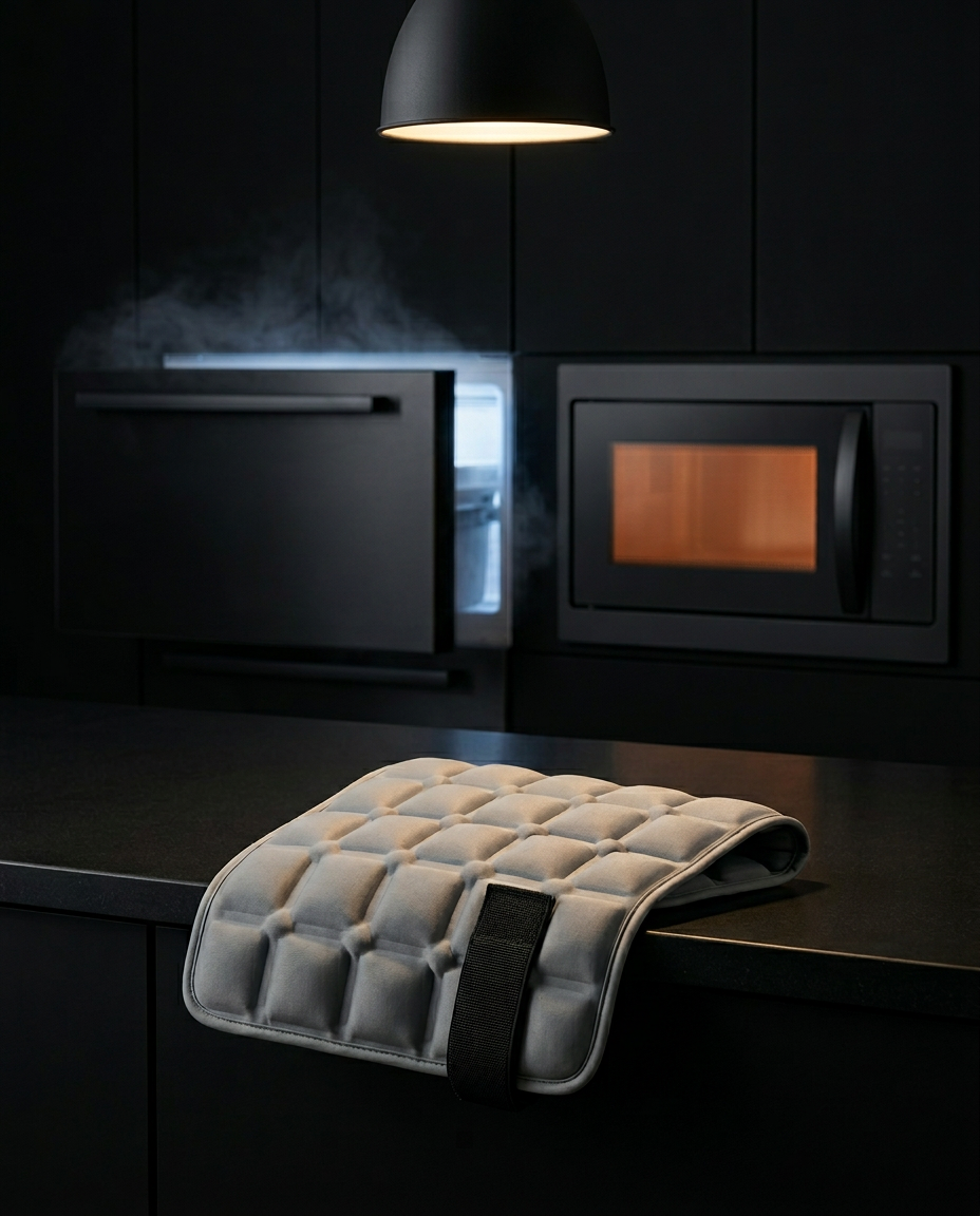 Comfort pad on a dark kitchen counter beside a freezer and microwave