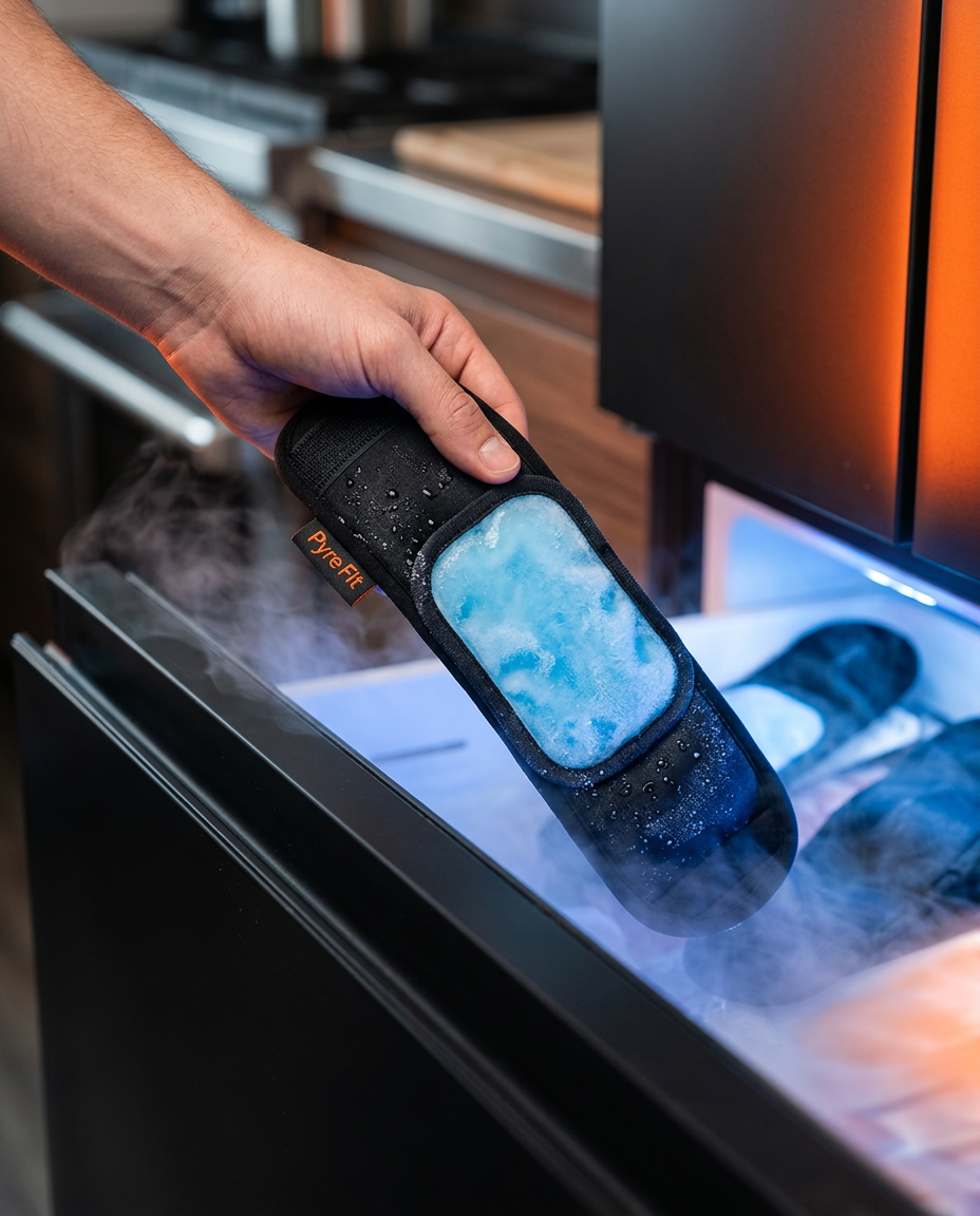 Hand pulling the frosty cooling gel wrap from a freezer drawer