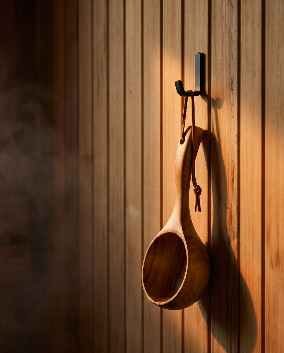 Wooden sauna ladle hanging from a wall hook on cedar paneling