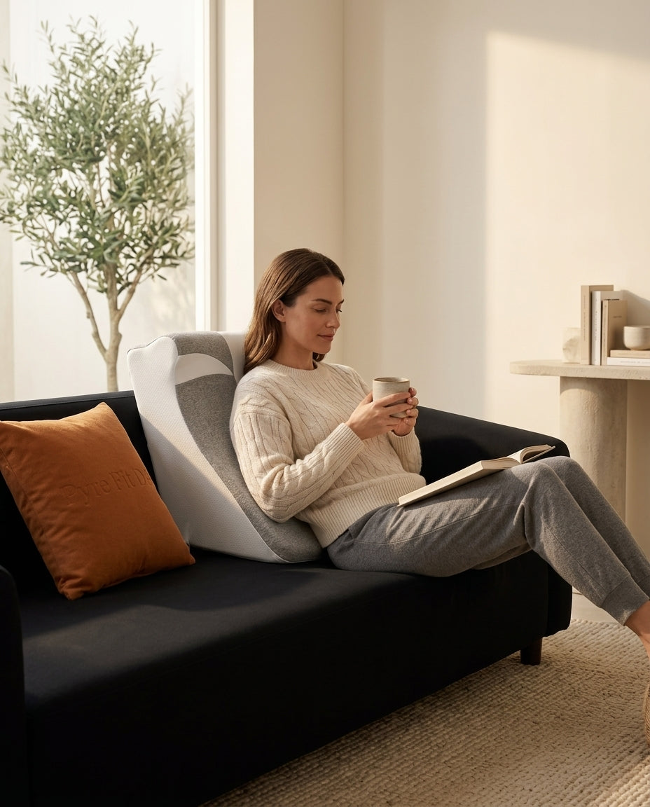 Woman relaxing on black sofa against wedge pillow with coffee and book