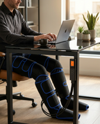 Man working at a laptop while wearing the leg compression massagers under his desk