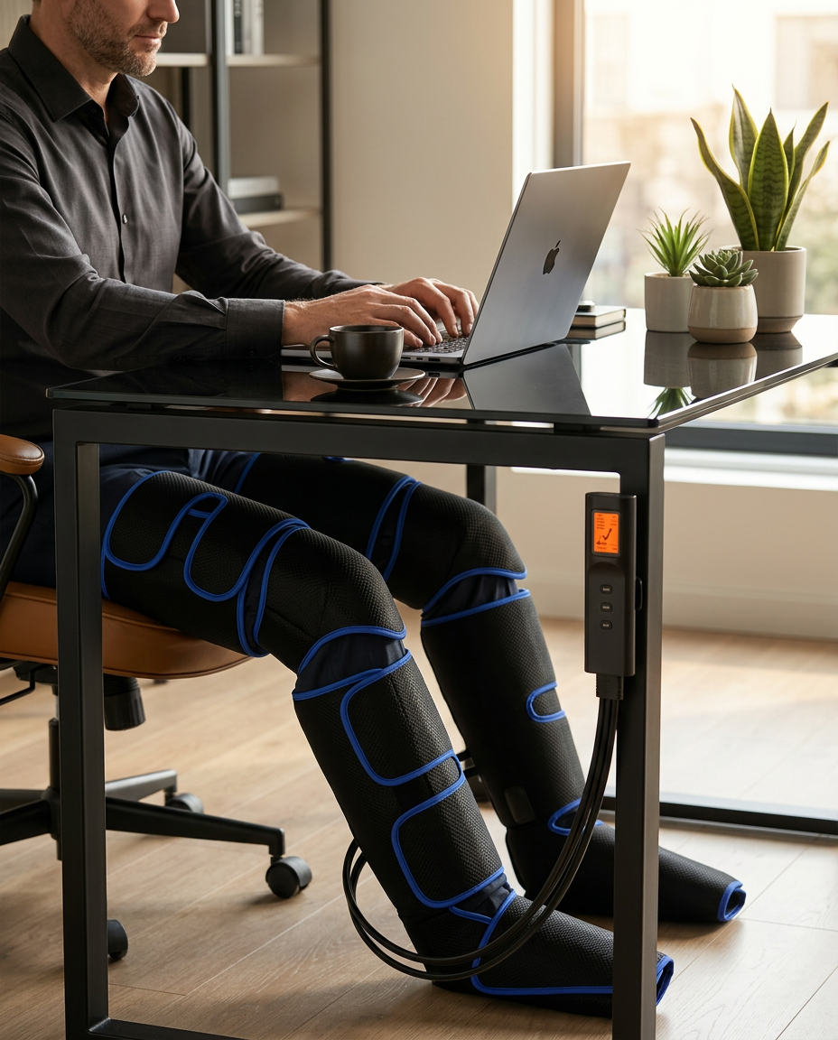 Man working at a laptop while wearing the leg compression massagers under his desk