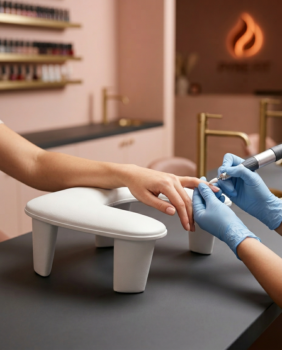 Gloved nail technician working on a client's hand on the salon arm rest