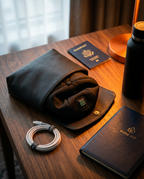 Red light cap packed in a travel pouch beside a passport and cable