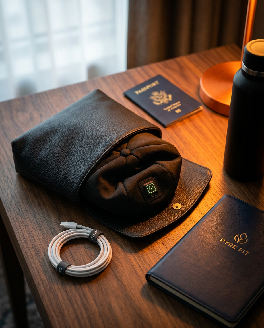 Red light cap packed in a travel pouch beside a passport and cable