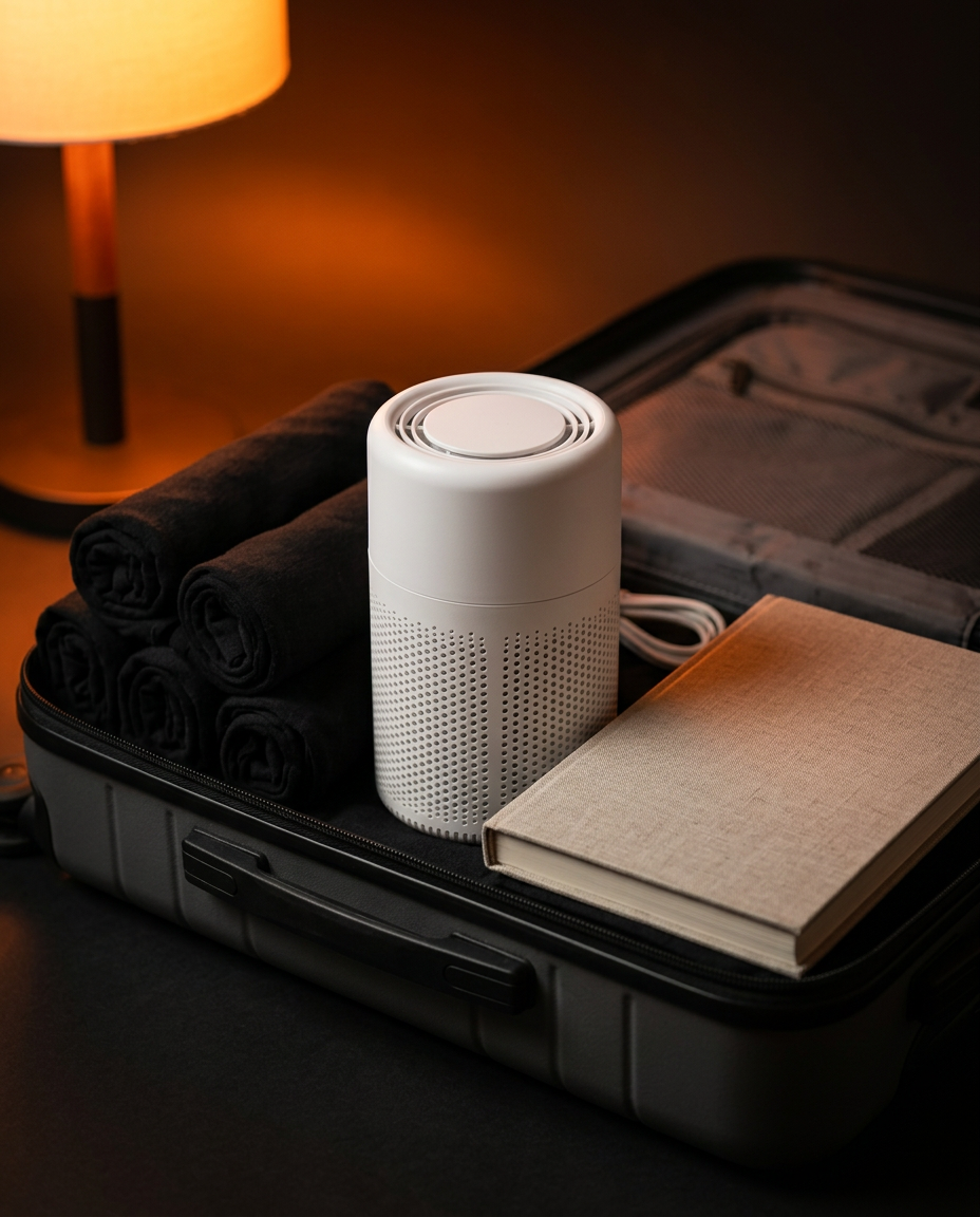 Portable air purifier packed in an open suitcase with rolled clothes